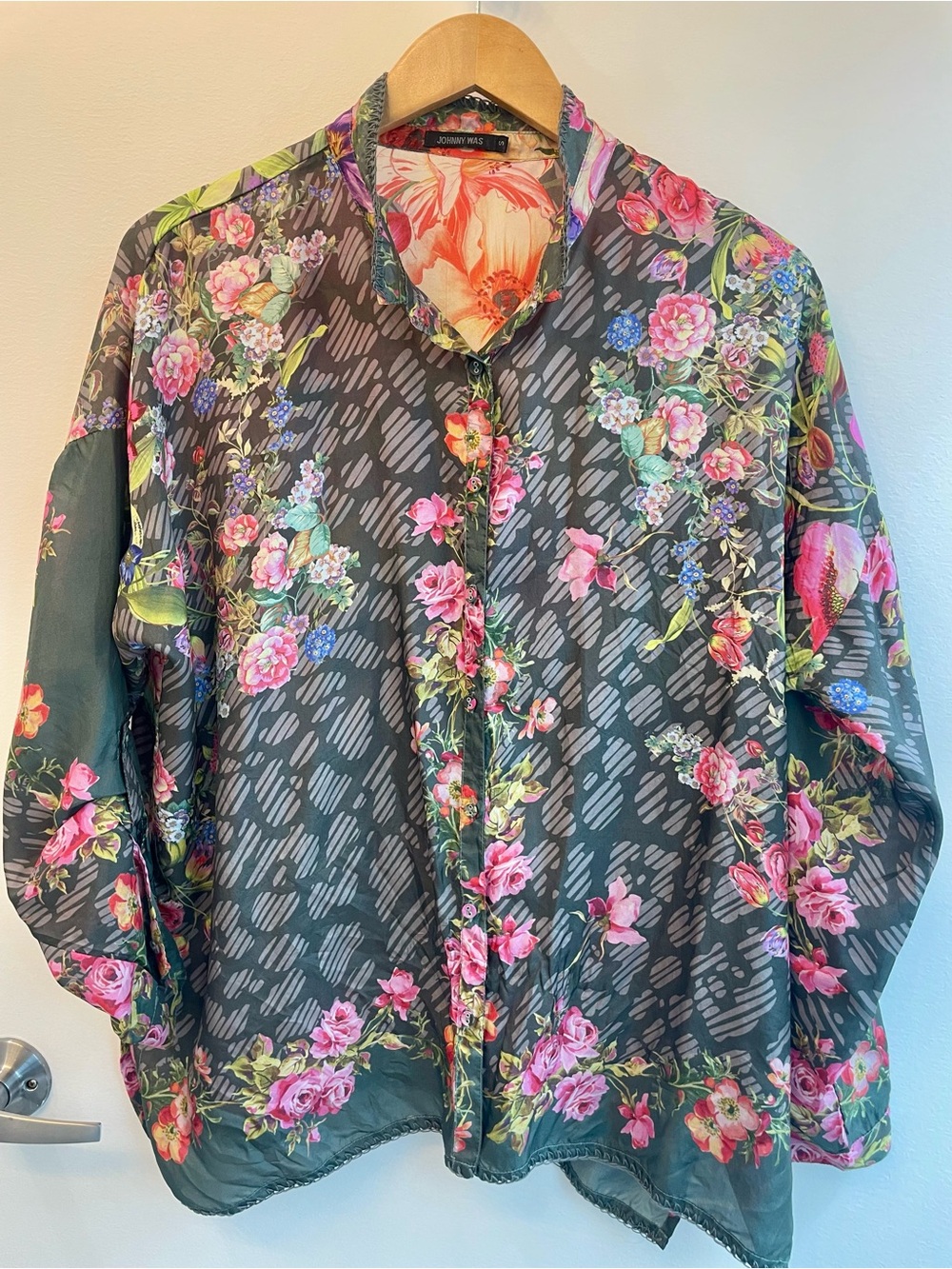 Johnny Was Dark Olive Floral Silk Blouse with Pink Blooms Small/Medium